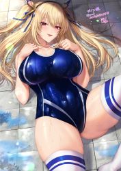 Rule 34 | 1girl, blonde hair, breasts, competition swimsuit, gomi (hakumaiteacher), hair ornament, hair ribbon, highres, large breasts, lying, on back, one-piece swimsuit, phantasy star, phantasy star online 2, red eyes, ribbon, solo, swimsuit, thick thighs, thighhighs, thighs, twintails, valgiris