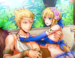 Rule 34 | 1boy, 1girl, alternate costume, artoria pendragon (all), artoria pendragon (fate), ass, blonde hair, blue eyes, blush, bracelet, bridal gauntlets, chalice, circlet, close-up, crown, cup, earrings, excalibur (fate/stay night), fate/stay night, fate/zero, fate (series), flower, gilgamesh (fate), gloves, hair flower, hair ornament, hair ribbon, hashibayachi, jewelry, necklace, red eyes, ribbon, saber (fate), smile, topless male