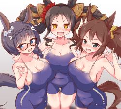 Rule 34 | &gt;:), + +, 3girls, :d, animal ears, asymmetrical docking, bare shoulders, blue eyes, blush, braid, breast press, breasts, brown hair, cleavage, covered navel, crown braid, drill hair, fang, flower, fox shadow puppet, glasses, green eyes, hair flower, hair ornament, highres, horse ears, horse girl, horse tail, inari one (umamusume), large breasts, marvelous sunday (umamusume), multiple girls, open mouth, oppai loli, school swimsuit, short hair, side drill, skin fang, smile, swimsuit, tachibana (cyclone1316), tail, twintails, umamusume, v-shaped eyebrows, wavy mouth, yellow eyes, zenno rob roy (umamusume)