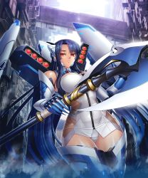 Rule 34 | 1girl, armor, axe, battle axe, blue hair, breasts, city, claws, curvy, cyborg, female focus, highres, holding, holding weapon, kagami hirotaka, large breasts, lilith-soft, long hair, looking at viewer, mecha musume, panties, red eyes, shiny skin, sky, taimanin (series), taimanin asagi, taimanin asagi kessen arena, underwear, very long hair, weapon, yatsu murasaki