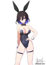 Rule 34 | 1girl, animal ears, bad id, bad pixiv id, bare shoulders, black hair, blue hair, blue nails, bow, bowtie, breasts, cleavage, covered navel, fake animal ears, groin, hair between eyes, hand on own hip, highres, horshid (pso2), large breasts, leotard, medium hair, nail polish, ofudou, phantasy star, phantasy star online 2, playboy bunny, purple eyes, rabbit ears, simple background, skindentation, smile, solo, standing, thigh strap, white background, wrist cuffs