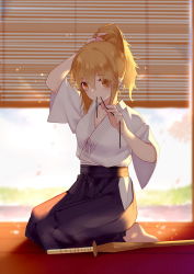 Rule 34 | 1girl, arm up, barefoot, black hakama, black ribbon, blonde hair, blurry, blurry background, blush, breasts, cleavage, closed mouth, day, depth of field, fate/stay night, fate (series), fujimura taiga, full body, hakama, hakama skirt, hip vent, indoors, japanese clothes, joseph lee, kimono, long hair, looking at viewer, medium breasts, mouth hold, on floor, orange eyes, petals, ribbon, seiza, short hair, short sleeves, sitting, skirt, smile, solo, sunlight, sword, tying hair, weapon, white kimono, wooden sword