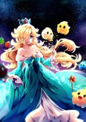 Rule 34 | 1girl, blonde hair, crown, curly hair, dress, gradient background, hair over one eye, highres, long hair, luma (mario), mario (series), maruuki, nintendo, open mouth, rosalina, smile, space, sparkle, star-shaped pupils, star (sky), star (symbol), strapless, strapless dress, super mario bros. 1, super mario galaxy, symbol-shaped pupils, wand