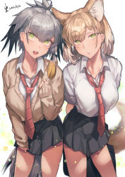 Rule 34 | 2girls, absurdres, alternate costume, animal ear fluff, animal ears, arms behind back, bird tail, black hair, black skirt, blonde hair, breasts, buttons, cardigan, collarbone, collared shirt, commentary request, fennec (kemono friends), fox ears, fox girl, fox tail, green eyes, grey hair, hair between eyes, hand up, head tilt, heads together, highres, iparupua, kemono friends, large breasts, leaning forward, long hair, long sleeves, looking at viewer, medium hair, miniskirt, multicolored hair, multiple girls, necktie, open mouth, orange hair, parted lips, red necktie, shirt, shoebill (kemono friends), short sleeves, shoulder-to-shoulder, side-by-side, side ponytail, skirt, tail, taut clothes, white shirt, wing collar