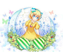 Rule 34 | bad id, bad pixiv id, blonde hair, blue eyes, bug, butterfly, dress, food, fruit, grapes, hair ornament, hairclip, insect, jewelry, leaf, necklace, original, rotte, short hair, solo