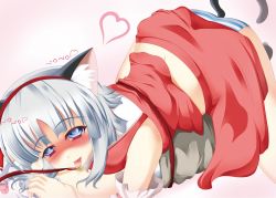 Rule 34 | 1girl, animal ears, armpits, blue eyes, blush, bow, cat ears, cat girl, cat tail, clothes writing, commentary request, cosplay, detached sleeves, female focus, girl on top, hair bow, hakurei reimu, hakurei reimu (cosplay), heart, highres, japanese clothes, kemonomimi mode, konpaku youmu, lilybell, midriff, miko, panties, silver hair, solo, striped clothes, striped panties, tail, tears, tongue, touhou, translation request, underwear