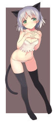 Rule 34 | 1girl, :d, animal ears, baakurou, black thighhighs, blush, breasts, camisole, cat ears, cat tail, cleavage, feet, green eyes, groin, highres, interlocked fingers, looking at viewer, lowleg, lowleg panties, navel, open mouth, own hands clasped, own hands together, panties, sanya v. litvyak, short hair, silver hair, simple background, small breasts, smile, socks, solo, strike witches, tail, thigh gap, thighhighs, underwear, underwear only, white panties, world witches series