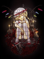 Rule 34 | 1girl, ascot, blonde hair, blood, candle, candlelight, cross, crystal, dark background, enmatime, flandre scarlet, flower, full body, hair between eyes, hat, hat ribbon, head tilt, highres, in cage, looking at viewer, mary janes, medium hair, multicolored wings, one side up, panties, red eyes, red flower, red footwear, red ribbon, red rose, red skirt, red vest, ribbon, rose, shirt, shoes, short sleeves, skirt, skull, solo, teeth, thighhighs, touhou, underwear, upper teeth only, vest, white hat, white panties, white shirt, white thighhighs, wings, yellow ascot