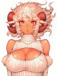 Rule 34 | 10s, 1girl, 2015, animal ears, breasts, cleavage, covered erect nipples, curly hair, dark-skinned female, dark skin, fumio (rsqkr), horns, large breasts, looking at viewer, meme attire, open-chest sweater, original, parted lips, red eyes, sheep ears, sheep girl, sheep horns, short hair, simple background, sleeveless, sleeveless turtleneck, solo, sweater, turtleneck, white hair