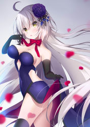 Rule 34 | 1girl, ahoge, bare shoulders, black gloves, black thighhighs, blush, bow, breasts, cleavage, clothes lift, commentary request, dress, dress lift, elbow gloves, fate/grand order, fate (series), flower, gloves, grey hair, hair between eyes, hair flower, hair ornament, hand up, head tilt, highres, jeanne d&#039;arc (fate), jeanne d&#039;arc alter (avenger) (fate), jeanne d&#039;arc alter (fate), ko yu, large breasts, lifting own clothes, long hair, official alternate costume, parted lips, petals, purple dress, purple flower, red bow, solo, strapless, strapless dress, thighhighs, very long hair, yellow eyes