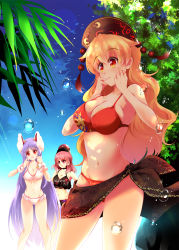 Rule 34 | 3girls, animal ears, bare legs, bikini, black bikini, blonde hair, blue sky, breasts, bubble, choker, cleavage, clothes writing, commentary request, crescent, day, fengguan, front-tie top, hands on own cheeks, hands on own face, hat, heart, hecatia lapislazuli, highres, junko (touhou), large breasts, long hair, looking at another, medium hair, multiple girls, navel, open mouth, orange eyes, outdoors, parted lips, plant, purple hair, rabbit ears, red bikini, red eyes, red hair, reisen udongein inaba, sarong, sky, standing, sunlight, swimsuit, tassel, touhou, usuusu, very long hair, wavy hair, white bikini, wrist cuffs