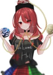 Rule 34 | 1girl, absurdres, bare shoulders, black choker, black shirt, blurry, blush, breasts, chain, choker, clothes writing, collar, collarbone, commentary, earth (ornament), green skirt, hands up, hecatia lapislazuli, highres, long hair, looking at viewer, medium breasts, miniskirt, moon (ornament), off-shoulder shirt, off shoulder, plaid, plaid skirt, red eyes, red hair, red skirt, shion 343, shirt, short sleeves, simple background, skirt, smile, solo, t-shirt, touhou, white background