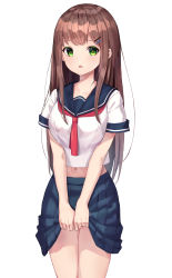 Rule 34 | 1girl, absurdres, blue sailor collar, blue skirt, blush, breasts, brown hair, clothes lift, cowboy shot, empty eyes, green eyes, hair ornament, hairclip, highres, hwanhee, lifted by self, long hair, looking at viewer, medium breasts, midriff peek, miniskirt, navel, neckerchief, open mouth, original, pleated skirt, red neckerchief, sailor collar, school uniform, serafuku, shirt, short sleeves, simple background, skirt, skirt lift, solo, straight hair, thighs, white background, white shirt