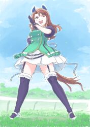 Rule 34 | 1girl, :d, animal ears, black gloves, black thighhighs, brown hair, dress, ear covers, from below, fur-trimmed thighhighs, fur trim, gloves, grass, green dress, highres, horse ears, horse girl, horse tail, king halo (umamusume), long hair, open mouth, red eyes, smile, solo, standing, tail, thighhighs, umamusume, vent arbre, white footwear