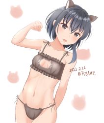 Rule 34 | 1girl, alternate costume, ame-san, animal ears, asymmetrical hair, black hair, bra, breasts, brown eyes, cat cutout, cat ear panties, cat ears, cat lingerie, cleavage cutout, clothing cutout, commentary request, cowboy shot, dated, frilled bra, frills, grey bra, grey panties, hair between eyes, highres, i-13 (kancolle), kantai collection, looking at viewer, meme attire, panties, short hair, side-tie panties, small breasts, solo, tsurime, twitter username, underwear, underwear only