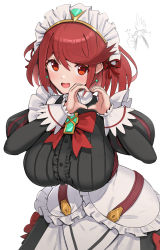 Rule 34 | 1boy, 1girl, :d, alternate costume, apron, blood, breasts, chest jewel, duplicate, enmaided, frills, gonzarez, heart, heart hands, highres, juliet sleeves, large breasts, long sleeves, looking at viewer, maid, maid apron, maid headdress, nosebleed, open mouth, pixel-perfect duplicate, puff and slash sleeves, puffy sleeves, pyra (xenoblade), red eyes, red hair, short hair, simple background, smile, solo focus, swept bangs, tora (xenoblade 2), waist apron, white background, xenoblade chronicles (series), xenoblade chronicles 2