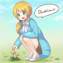 Rule 34 | 1girl, :d, absurdres, artist name, blonde hair, dandelion, day, ellen baker, english text, flower, green eyes, hair ornament, hair scrunchie, high heels, highres, jacket, long hair, low ponytail, musical note, new horizon, open mouth, pointing, ponytail, quaver, sally (pacch0614), scrunchie, signature, skirt, sky, smile, solo, spoken musical note, squatting