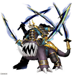 Rule 34 | 1boy, armor, aura, bandai, claws, clenched hands, clenched teeth, copyright name, digimon, digimon (creature), extra mouth, full armor, full body, holding, holding sword, holding weapon, katana, looking at viewer, monster boy, multiple arms, no humans, official art, samurai, scarf, sharp teeth, standing, sword, tail, teeth, weapon, white background, zanmetsumon
