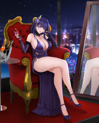 Rule 34 | 1girl, alcohol, alternate costume, armpits, bare legs, bare shoulders, blunt bangs, bottle, braid, breasts, bridal gauntlets, carpet, chair, cleavage, crossed legs, cup, detached collar, dress, drinking glass, earrings, elbow rest, evening gown, flower, full body, genshin impact, glass table, hair flower, hair ornament, high heels, highres, holding, holding cup, ice, ice bucket, ice cube, jewelry, large breasts, legs, lipstick, long hair, looking at viewer, low-braided long hair, low-tied long hair, makeup, mirror, mole, mole under eye, nail polish, necklace, night, night sky, parted lips, patent heels, pumps, purple dress, purple flower, purple footwear, purple hair, purple nails, raiden shogun, red lips, reflection, shoes, sideboob, sky, smitcuk, solo, spaghetti strap, stiletto heels, table, thighs, window, wine glass