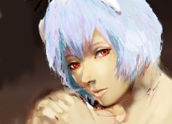 Rule 34 | 1girl, ayanami rei, bad id, bad pixiv id, black background, blue hair, brown background, completely nude, lips, neon genesis evangelion, nose, nude, open mouth, own hands clasped, own hands together, realistic, red eyes, shonimoro, solo, staring