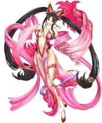 Rule 34 | 1girl, black hair, breasts, cleavage, diao chan, earrings, jewelry, large breasts, long hair, navel, revealing clothes, twintails