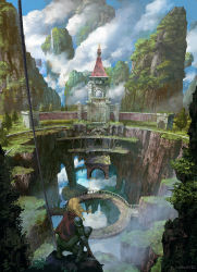 Rule 34 | 1girl, armor, blonde hair, bridge, building, capelet, cloud, facing away, fantasy, floating island, gloves, grass, highres, long hair, low tied hair, mixed-language commentary, mountain, noba, on one knee, original, outdoors, overgrown, rope, scenery, shoulder armor, solo, tagme, tree, twitter username