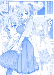 Rule 34 | age comparison, bag, blue theme, blush, breasts, comic, diploma, dress, faceless, faceless male, flying sweatdrops, formal, hair ornament, hair scrunchie, twirling hair, handbag, himura kiseki, large breasts, monochrome, necktie, open mouth, original, parted lips, party, playing with own hair, ponytail, remembering, school uniform, scrunchie, serafuku, short hair, sidelocks, silent comic, smile, suit, ^^^, text focus, aged down