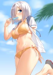 Rule 34 | 10s, 1girl, arm behind back, bikini, blue eyes, blue sky, blush, breasts, cloud, collarbone, day, eating, food, groin, hair ornament, hair over one eye, hairclip, halterneck, hamakaze (kancolle), highres, kantai collection, large breasts, leg up, looking at viewer, mikazuchi zeus, navel, open clothes, open shirt, orange bikini, outdoors, palm tree, popsicle, red ribbon, ribbon, sandals, shirt, short hair, short sleeves, silver hair, sketch, sky, solo, standing, standing on one leg, striped bikini, striped clothes, swimsuit, tree, unfinished, white shirt
