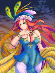 Rule 34 | 1girl, absurdres, armlet, bracelet, breasts, cleavage, dress, feathers, green eyes, highres, isabella (seiken densetsu 3), jewelry, large breasts, long hair, necklace, red hair, seiken densetsu, seiken densetsu 3, sharp nails, turban