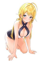 Rule 34 | 1girl, absurdres, ahoge, all fours, b1ack illust, bare legs, bare shoulders, barefoot, bikini, black one-piece swimsuit, blonde hair, blue eyes, blush, breasts, cleavage, closed mouth, collarbone, commentary, hachimiya meguru, hair ornament, hairclip, highres, idolmaster, idolmaster shiny colors, large breasts, long hair, looking at viewer, low twintails, multicolored clothes, multicolored swimsuit, one-piece swimsuit, smile, solo, swimsuit, transparent background, twintails, two-tone swimsuit, white one-piece swimsuit