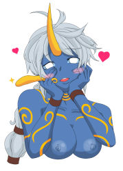 Rule 34 | 1girl, blue skin, blush, braid, breasts, colored skin, hands on own cheeks, hands on own face, heart, highres, horns, large breasts, league of legends, light areolae, long hair, multi-tied hair, nipples, nude, silver hair, simple background, single braid, single horn, solo, soraka (league of legends), sorakas sss, upper body, white background, white eyes, yandere trance
