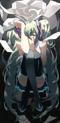 Rule 34 | 1girl, absurdres, bare arms, bare shoulders, black background, black skirt, commentary request, crossed legs, enma614 (patidonn), expressionless, floating, full body, hands on own face, hatsune miku, heart, highres, knees to chest, long hair, looking away, paper, simple background, skirt, solo, spotlight, thighhighs, thighs, twintails, unknown mother goose (vocaloid), very long hair, vocaloid