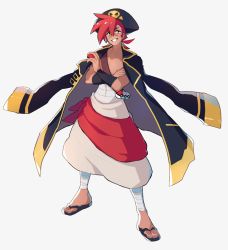 Rule 34 | 1boy, azuumori, bandages, black coat, black footwear, character request, coat, coat on shoulders, creatures (company), full body, game freak, hair between eyes, hat, holding, holding poke ball, medium hair, nintendo, parted lips, pirate hat, poke ball, pokemon, red hair, sandals, scar, scar on face, simple background, smile, solo, standing, white background