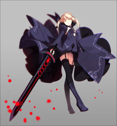 Rule 34 | 1girl, ahoge, artoria pendragon (all), artoria pendragon (fate), black thighhighs, blonde hair, boots, braid, choker, cross-laced footwear, detached sleeves, excalibur morgan (fate), fate/stay night, fate/unlimited codes, fate (series), french braid, garter straps, gothic lolita, hakusai (tiahszld), high heel boots, high heels, highres, lace-up boots, lolita fashion, looking at viewer, saber (fate), saber alter, skirt, solo, sword, thighhighs, upskirt, weapon, yellow eyes