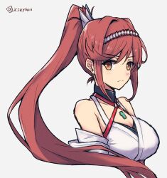 Rule 34 | 1girl, bare shoulders, breasts, chest jewel, cleavage, commentary request, core crystal (xenoblade), glimmer (xenoblade), high ponytail, highres, japanese clothes, kimono, large breasts, looking at viewer, mochimochi (xseynao), ponytail, red hair, solo, swept bangs, white kimono, xenoblade chronicles (series), xenoblade chronicles 3, xenoblade chronicles 3: future redeemed