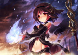 Rule 34 | 1girl, bare shoulders, black hair, black wings, blue fire, blush, breasts, cross, detached sleeves, dragon, fire, groin, hairband, highres, horns, kankurou, navel, original, red eyes, short hair, sky, solo, striped, striped background, tail, wings
