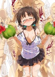 Rule 34 | 1girl, 6+boys, asano fuka, black skirt, grabbing another&#039;s breast, breasts, brown hair, cleavage, closed mouth, drinking straw, closed eyes, flower, glasses, grabbing, grabbing from behind, hair bobbles, hair ornament, hetero, highres, idolmaster, idolmaster cinderella girls, large breasts, motion lines, multiple boys, polka dot, polka dot shirt, sex, shirt, short hair, short twintails, skirt, solo focus, speech bubble, text focus, translation request, twintails, yaneko uta