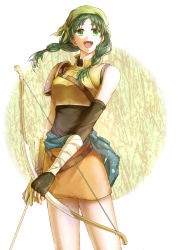 Rule 34 | 1girl, arm warmers, armor, bandages, bandana, bare shoulders, bow (weapon), bracer, breasts, cowboy shot, delsaber, dress, fire emblem, fire emblem: the blazing blade, green eyes, green hair, highres, long hair, looking at viewer, nintendo, open mouth, rebecca (fire emblem), sash, smile, solo, turtleneck, twintails, weapon, white background