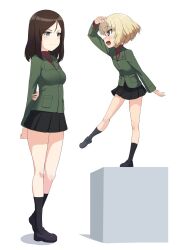 Rule 34 | 2girls, black skirt, blonde hair, blue eyes, blush, breasts, brown hair, buchikaki, closed mouth, full body, girls und panzer, height difference, highres, katyusha (girls und panzer), long hair, looking at another, military uniform, miniskirt, multiple girls, nonna (girls und panzer), open mouth, pleated skirt, pravda military uniform, short hair, simple background, skirt, small breasts, smile, uniform, white background