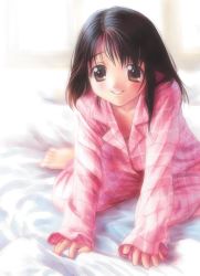 Rule 34 | 1girl, arm support, barefoot, bed, blush, downblouse, goto p, kneeling, pajamas, smile, solo