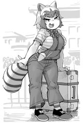 Rule 34 | 1girl, absurdres, alternate costume, animal ears, blouse, casual, commentary request, common raccoon (kemono friends), curvy, full body, greyscale, hare (tetterutei), highres, kemono friends, kemono friends 3, monochrome, overalls, raccoon ears, raccoon girl, raccoon tail, shirt, socks, striped clothes, striped shirt, suitcase, tail