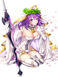 Rule 34 | 1girl, aestus estus, bad id, bad pixiv id, bare shoulders, belt, belt buckle, blush, boots, breasts, buckle, chain, cherry blossoms, cleavage, commentary request, cosplay, detached collar, detached sleeves, elbow gloves, fate/grand order, fate/stay night, fate (series), full body, gloves, groin, hair between eyes, hand on sword, hands up, heavens feel, high heel boots, high heels, holding, large breasts, laurel crown, leg belt, leotard, lock, long hair, looking at viewer, matou sakura, nero claudius (bride) (fate), nero claudius (bride) (third ascension) (fate), nero claudius (fate), nero claudius (fate) (all), padlock, parted lips, petals, purple eyes, purple hair, saber bride, saber bride (cosplay), shiny skin, simple background, sitting, solo, striped clothes, striped footwear, thigh boots, thighhighs, uchuu gorira, underbust, veil, vertical-striped boots, vertical-striped footwear, wariza, white background, white belt, white footwear, white gloves, white leotard, wide sleeves, wind, yellow belt, zipper, zipper pull tab