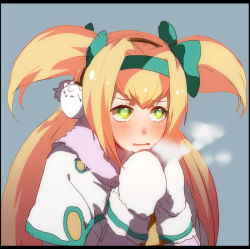 Rule 34 | bad id, bad pixiv id, blazblue, blonde hair, breath, cold, gloves, green eyes, hairband, long hair, platinum the trinity, ribbon, solo, twintails, two side up, yoshisawa