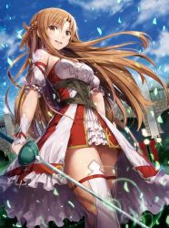 Rule 34 | 1girl, :d, arch, asuna (sao), banner, bare shoulders, blue sky, breasts, brown eyes, brown hair, cloud, corset, day, detached sleeves, dress, frilled dress, frilled sleeves, frills, gabiran, hand on own hip, holding, holding sword, holding weapon, lamppost, long hair, looking at viewer, medium breasts, open mouth, parted bangs, petals, puffy short sleeves, puffy sleeves, rapier, round teeth, short sleeves, sky, smile, solo, standing, sword, sword art online, teeth, thighhighs, thighs, town, underbust, very long hair, waist cape, weapon, white dress, white thighhighs, wrist cuffs