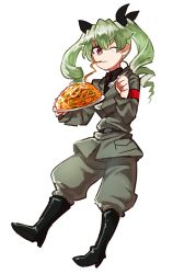 Rule 34 | 10s, 1girl, anchovy (girls und panzer), bad id, bad pixiv id, belt, black footwear, black shirt, blouse, boots, dress shirt, drill hair, eating, food, fork, full body, girls und panzer, green hair, grey jacket, grey pants, hair ribbon, holding, jacket, jodhpurs, knee boots, knife, long hair, long sleeves, military, military uniform, one eye closed, oono imo, pants, pants tucked in, pasta, plate, red eyes, ribbon, shirt, shoulder belt, simple background, solo, spaghetti, standing, twin drills, twintails, uniform, white background