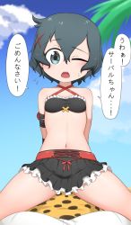Rule 34 | 2girls, arms behind back, beach, bikini, bikini top only, black hair, blue sky, blush, breasts, chis (js60216), cleavage, cowgirl position, dress, grey eyes, hair between eyes, hair ornament, halterneck, highres, japanese text, kaban (kemono friends), kemono friends, looking at viewer, miniskirt, multiple girls, navel, one eye closed, open mouth, outdoors, pov, serval (kemono friends), serval print, short hair, skirt, sky, small breasts, speech bubble, spread legs, straddling, sweatdrop, swimsuit, teeth, thighs, translated, upper teeth only, x hair ornament