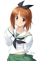 Rule 34 | 1girl, artist name, blush, breasts, brown eyes, brown hair, closed mouth, collarbone, dated, girls und panzer, green skirt, hair ornament, hair ribbon, highres, kuzuryuu kennosuke, looking at viewer, midriff, navel, nishizumi miho, ooarai school uniform, pleated skirt, ribbon, school uniform, short hair, simple background, skirt, small breasts, smile, solo, upper body, white background