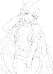Rule 34 | akita hika, blue archive, blunt bangs, greyscale, halo, hand on own thigh, highres, jacket, mechanical halo, monochrome, noa (blue archive), simple background, sweat, white background