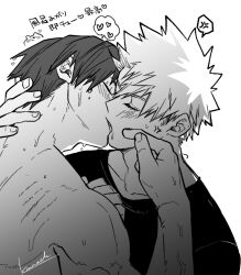 2boys anger_vein bakugou_katsuki blush boku_no_hero_academia closed_eyes french_kiss hand_on_another&#039;s_head kirishima_eijirou kiss male_focus monochrome multiple_boys scratches shirt short_hair souta_(souta440) spiked_hair topless_male upper_body wet wet_hair white_background yaoi