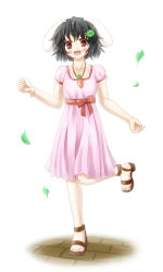 Rule 34 | 1girl, animal ears, aonagi ibane, carrot, clover, dress, female focus, four-leaf clover, inaba tewi, jewelry, necklace, pendant, pink dress, rabbit ears, ribbon, running, sandals, simple background, solo, standing, standing on one leg, touhou
